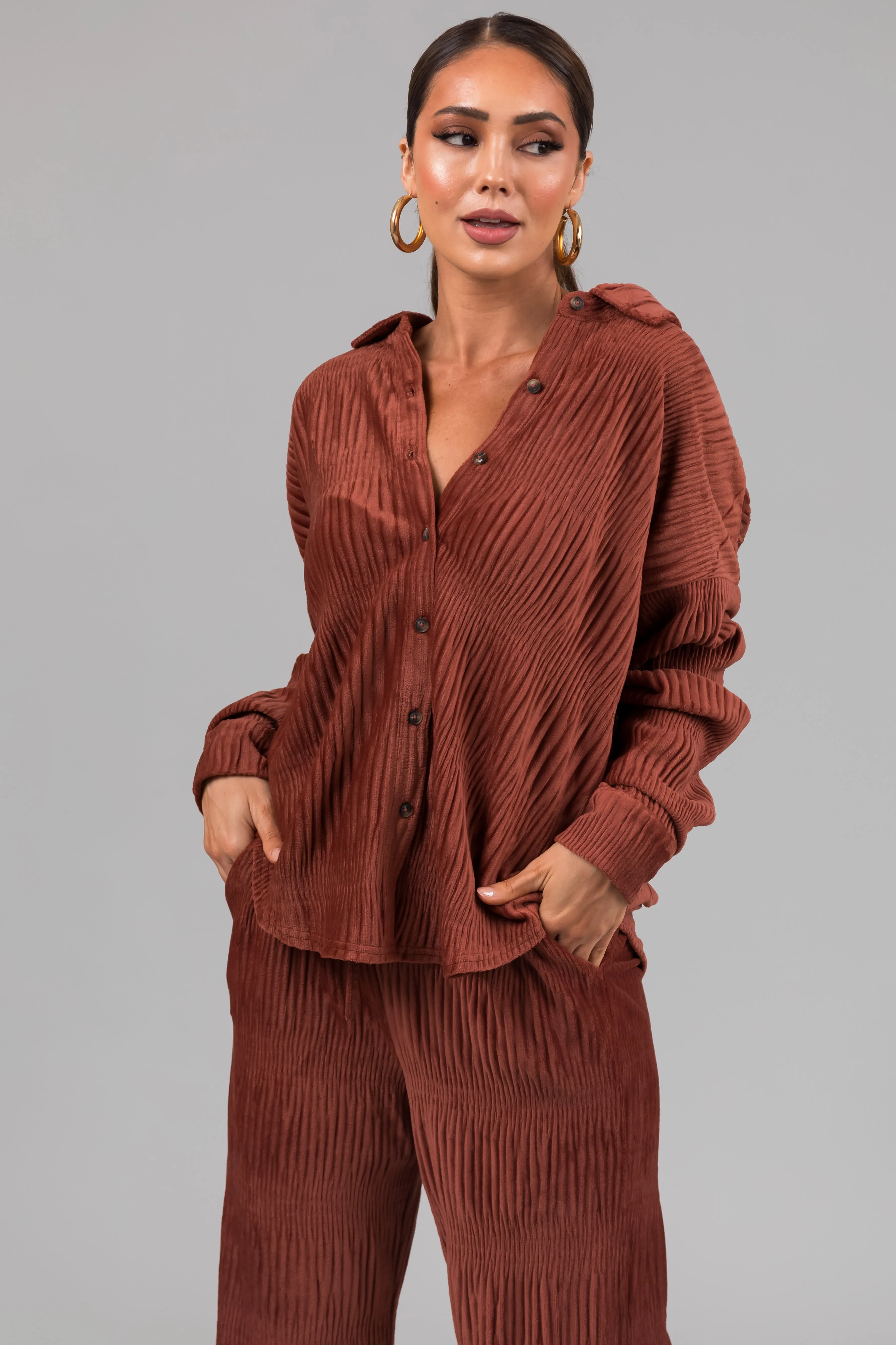 Marsala Super Soft Crinkle Velvet Button Up Top sold by Lime Lush product image thumbnail 3