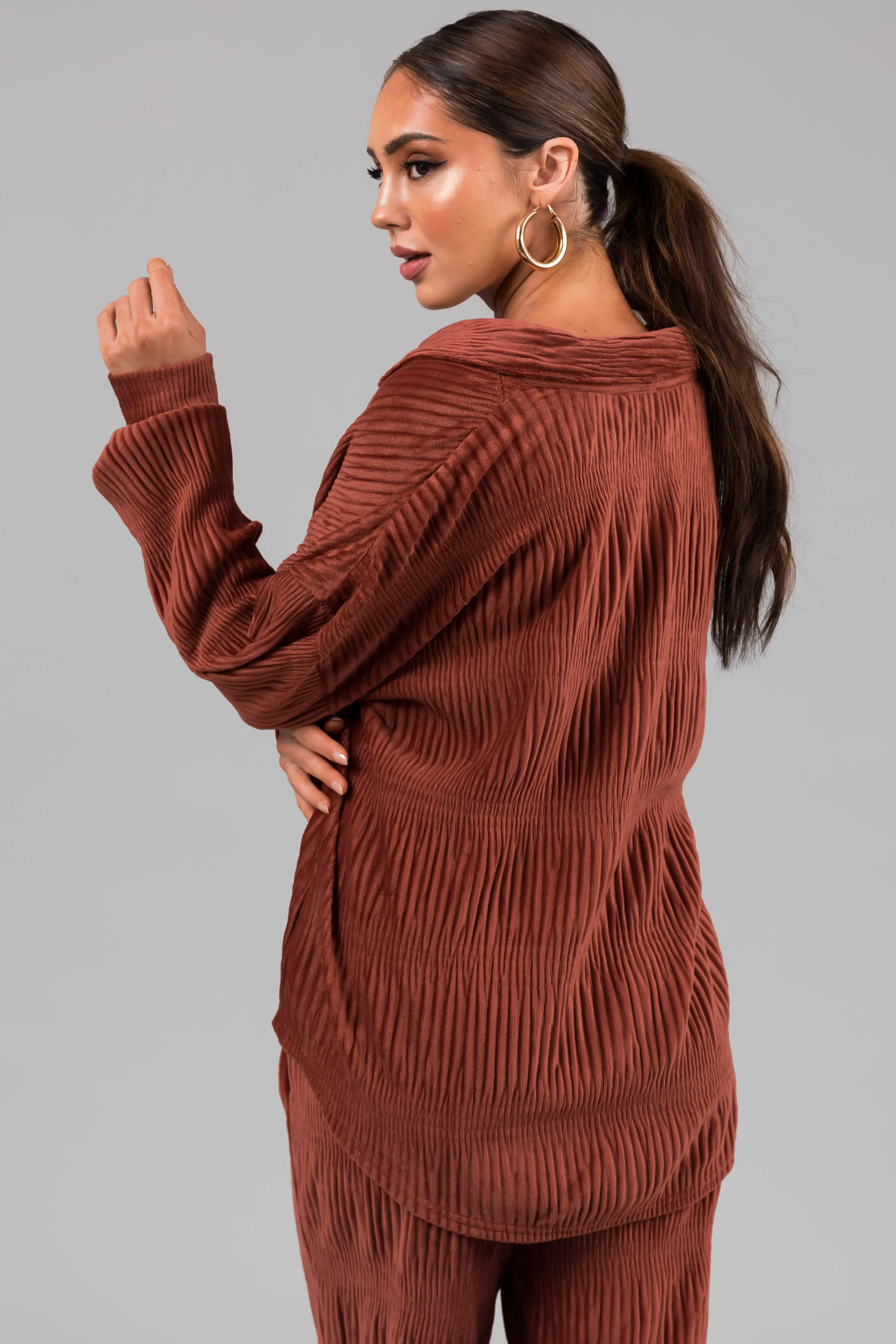 Marsala Super Soft Crinkle Velvet Button Up Top sold by Lime Lush product image thumbnail 5