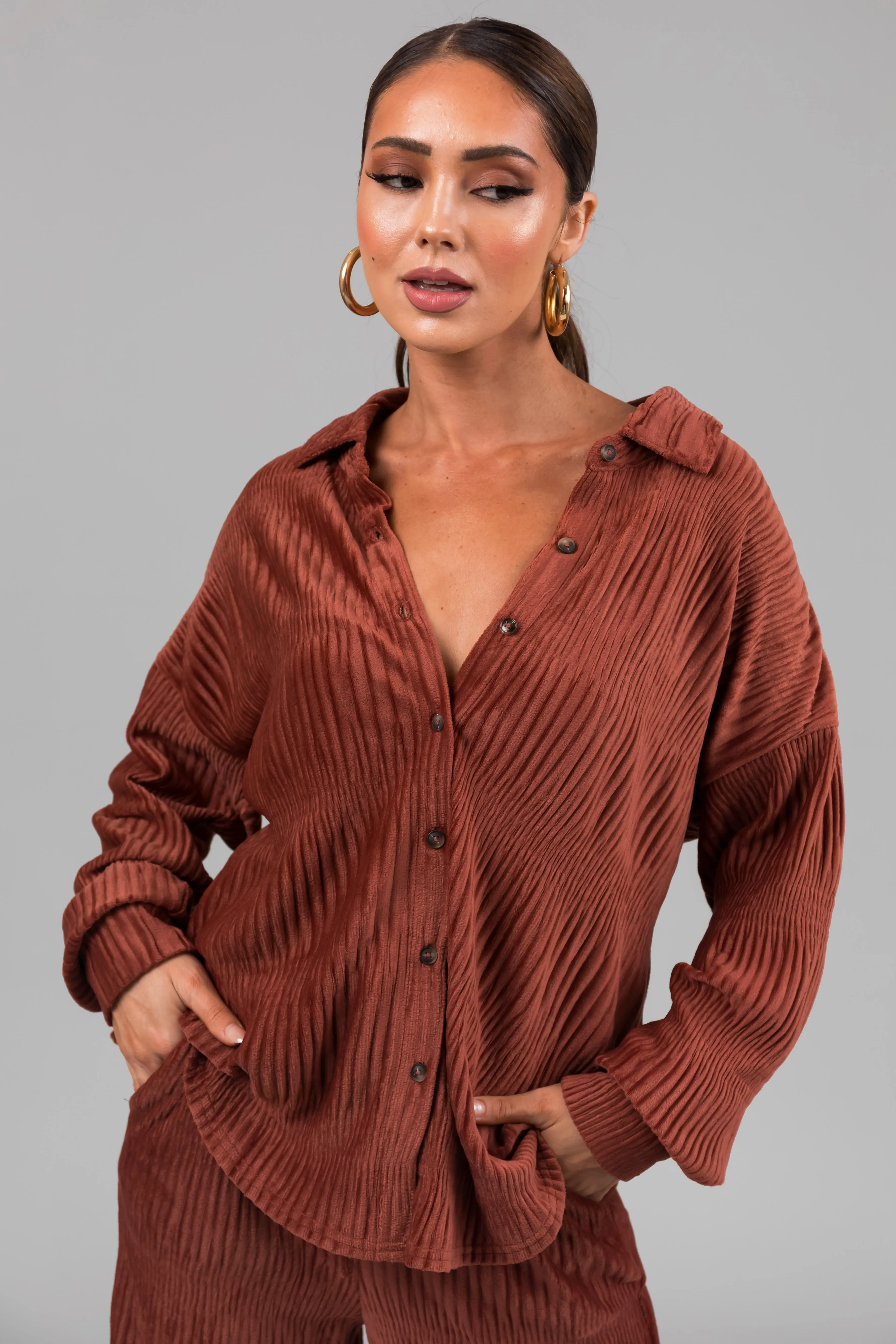 Marsala Super Soft Crinkle Velvet Button Up Top sold by Lime Lush