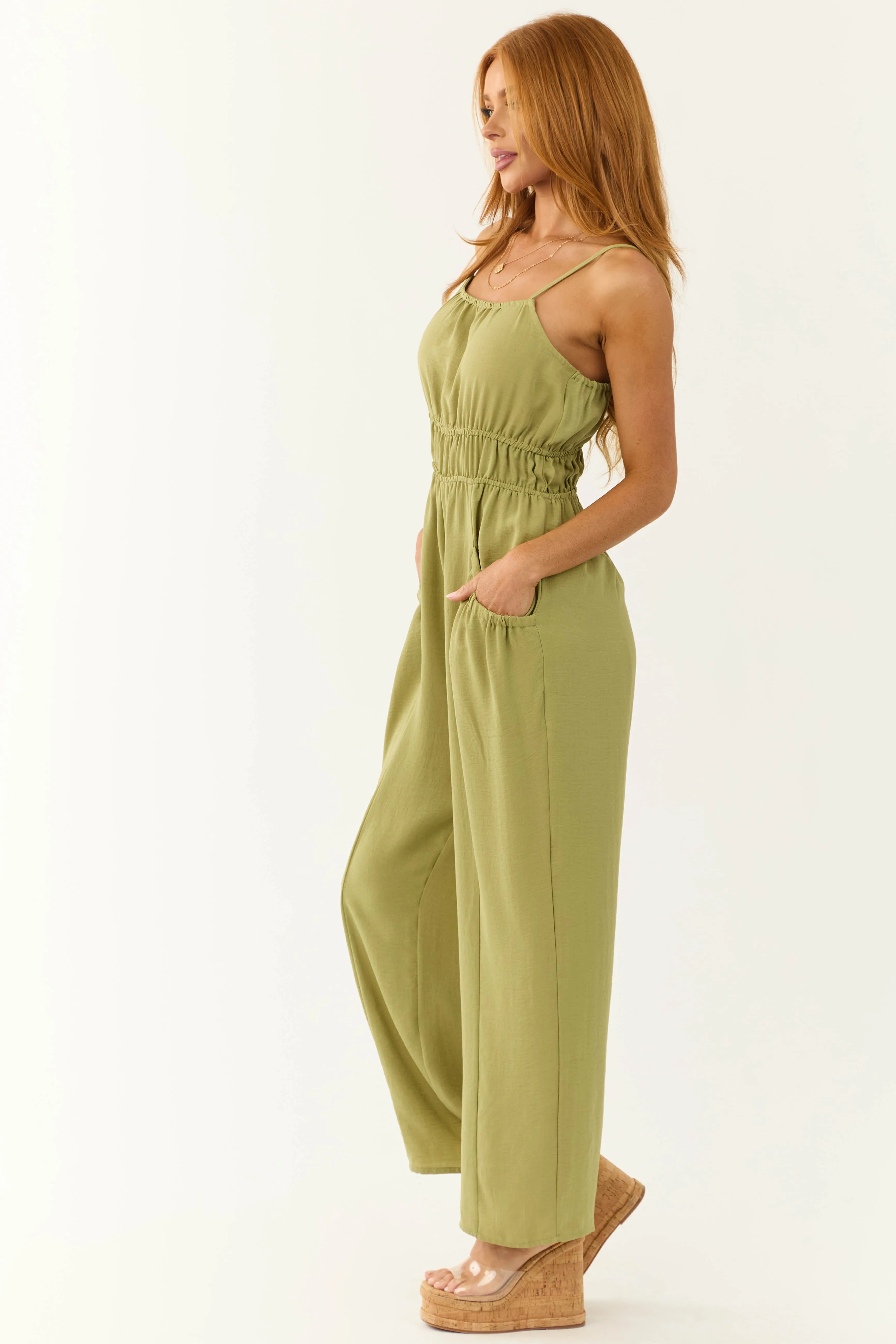 Olive Front Pintuck Sleeveless Jumpsuit sold by Lime Lush product image thumbnail 5