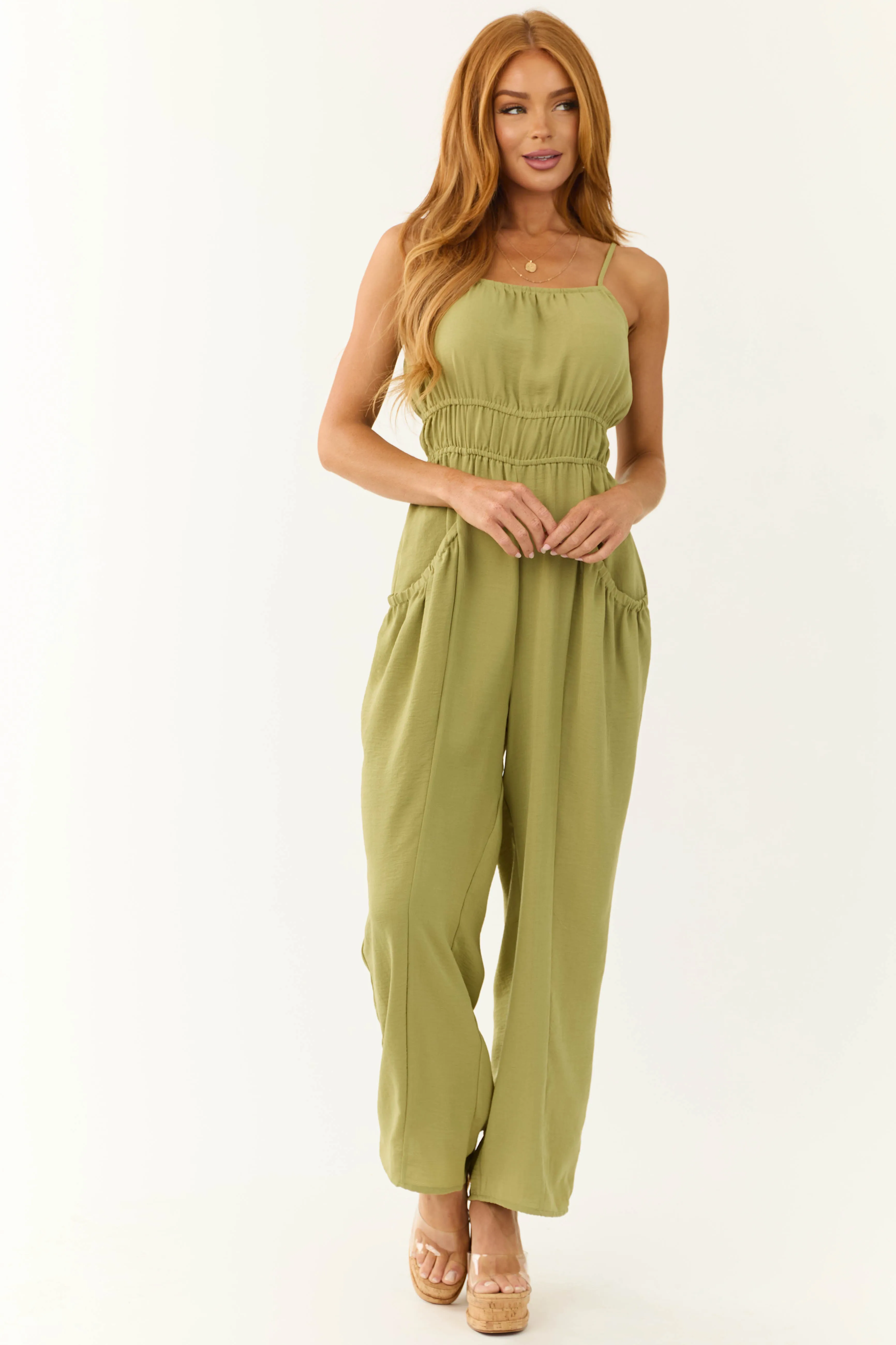 Olive Front Pintuck Sleeveless Jumpsuit sold by Lime Lush product image thumbnail 2