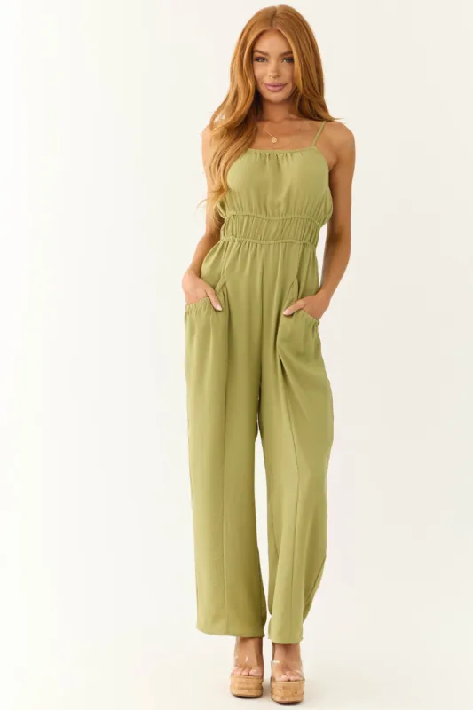 Olive Front Pintuck Sleeveless Jumpsuit sold by Lime Lush