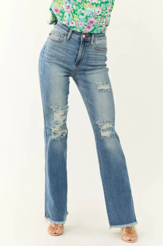 Judy Blue Medium Wash Distressed Flare Jeans sold by Lime Lush