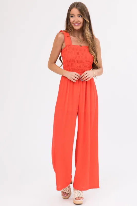 She+Sky Crimson Smocked Jumpsuit with Ruffle Strap sold by Lime Lush