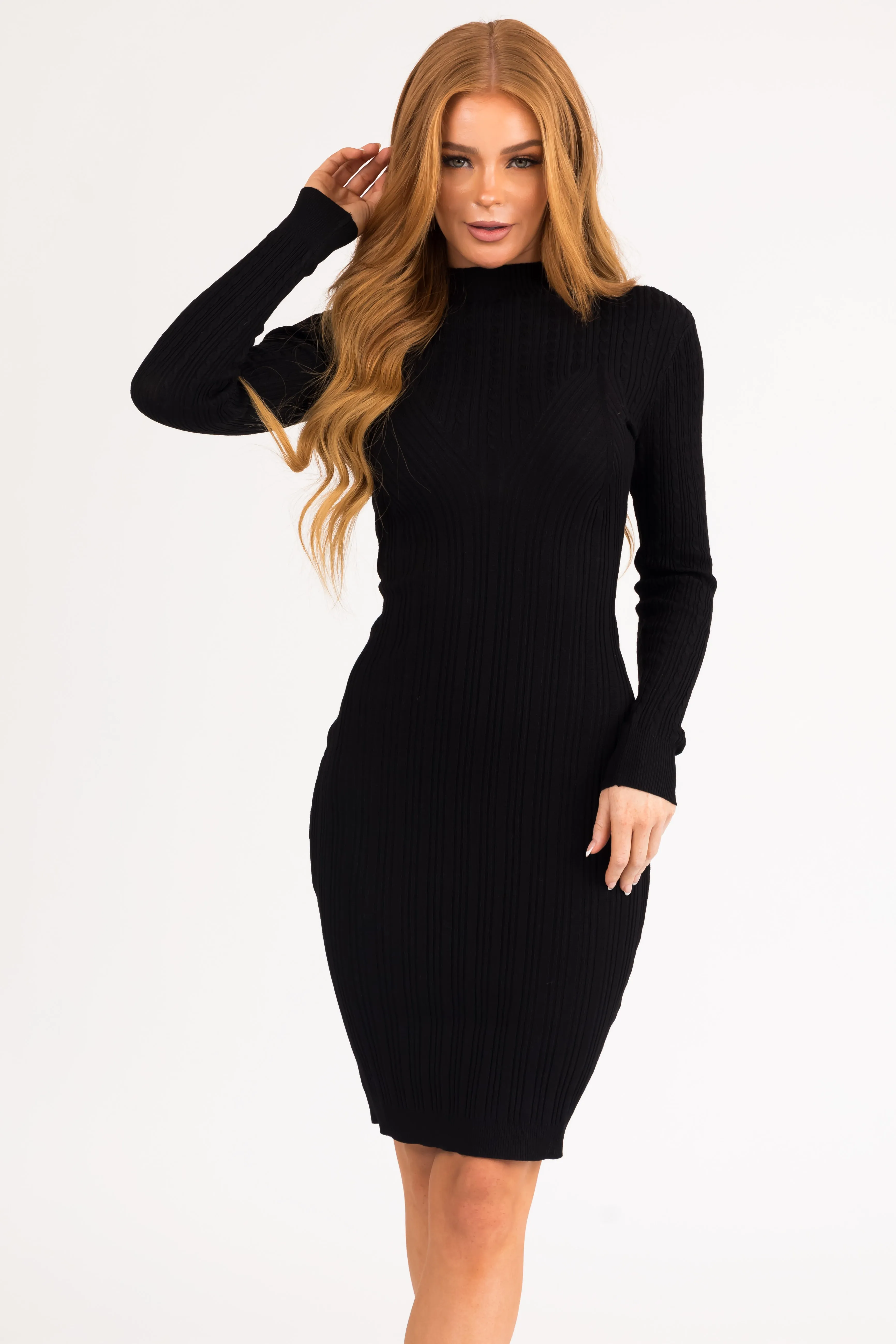 Black Cable and Ribbed Knit Short Dress sold by Lime Lush product image thumbnail 3