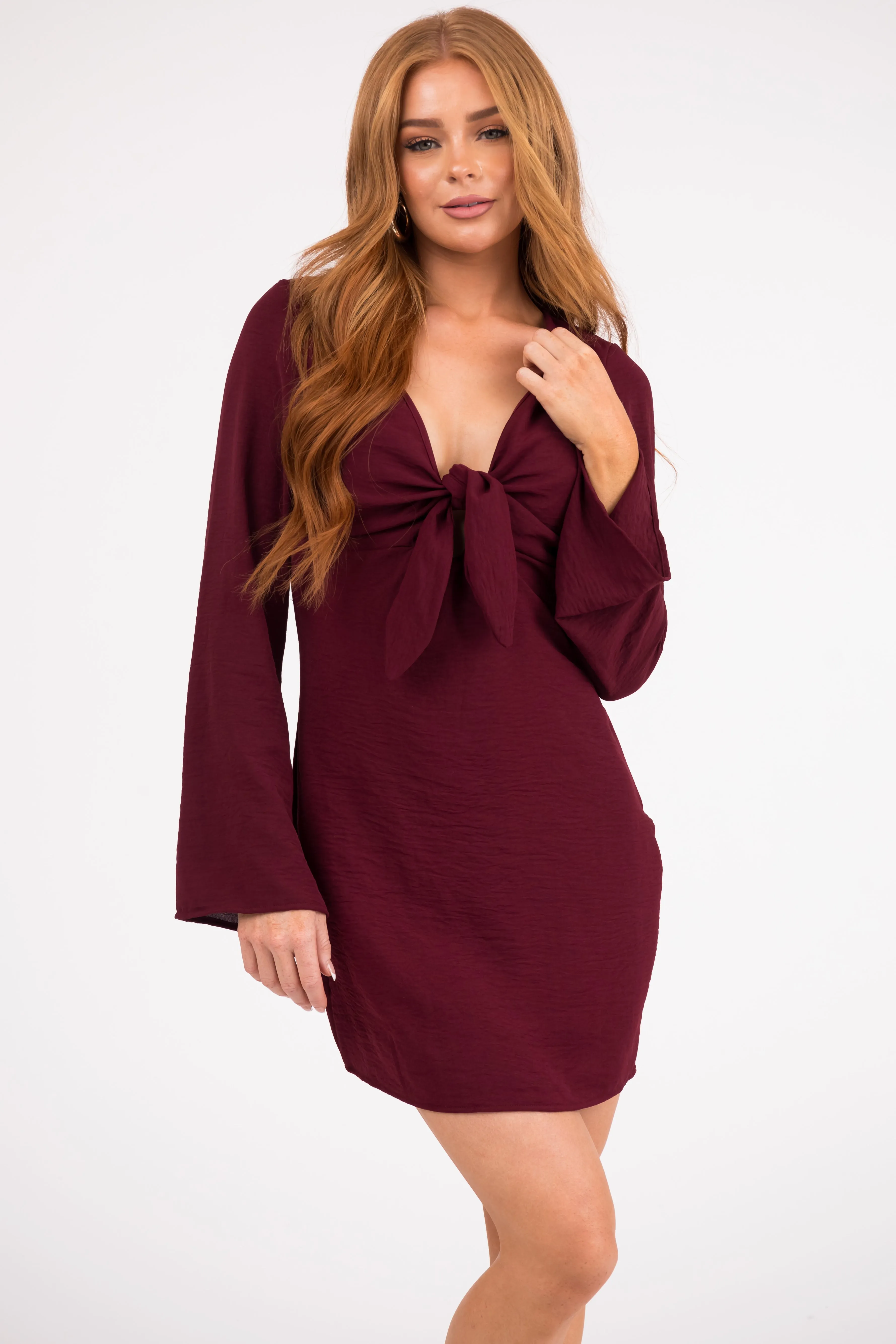 Wine Long Flare Sleeve Front Tie Mini Dress sold by Lime Lush product image thumbnail 2