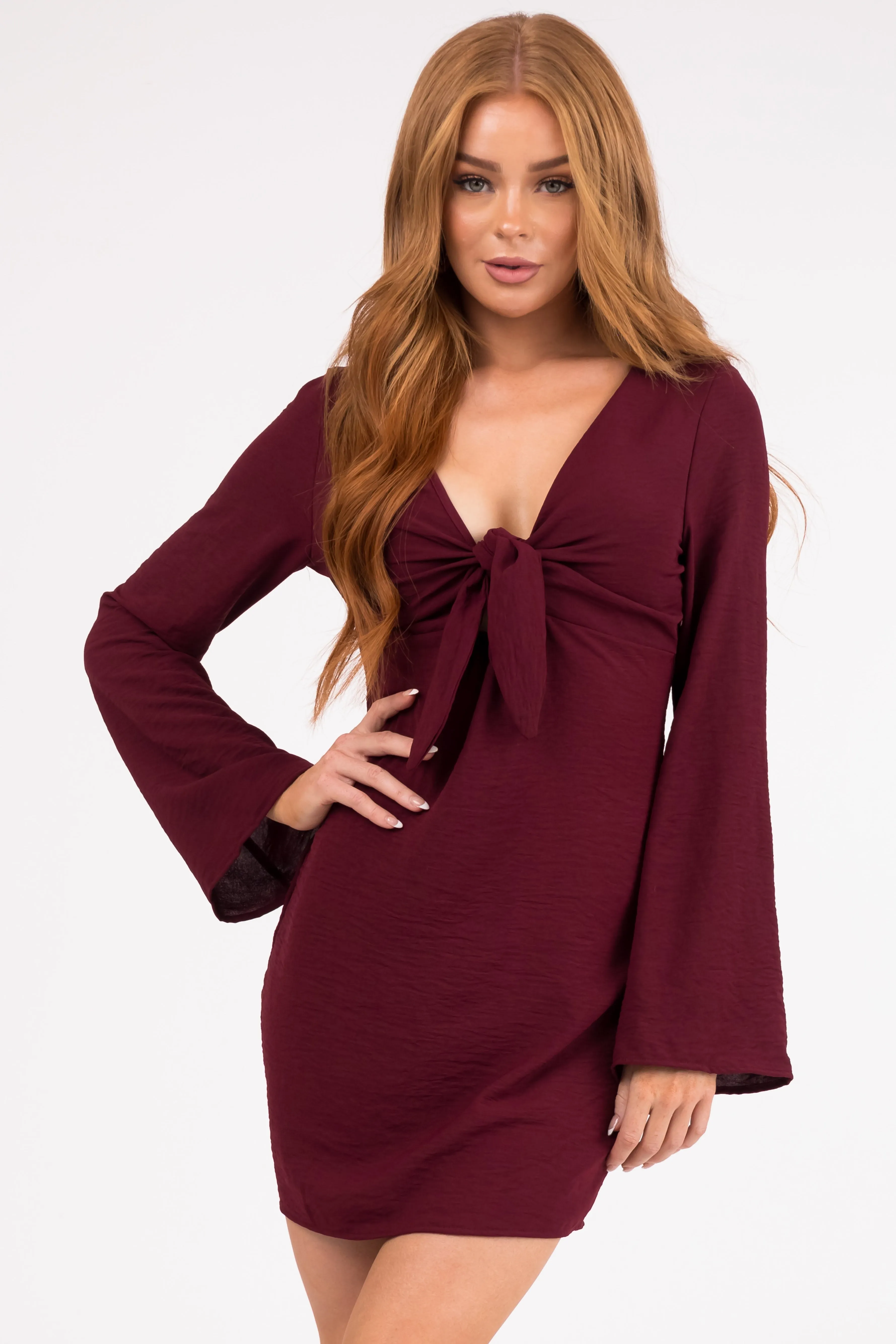 Wine Long Flare Sleeve Front Tie Mini Dress sold by Lime Lush