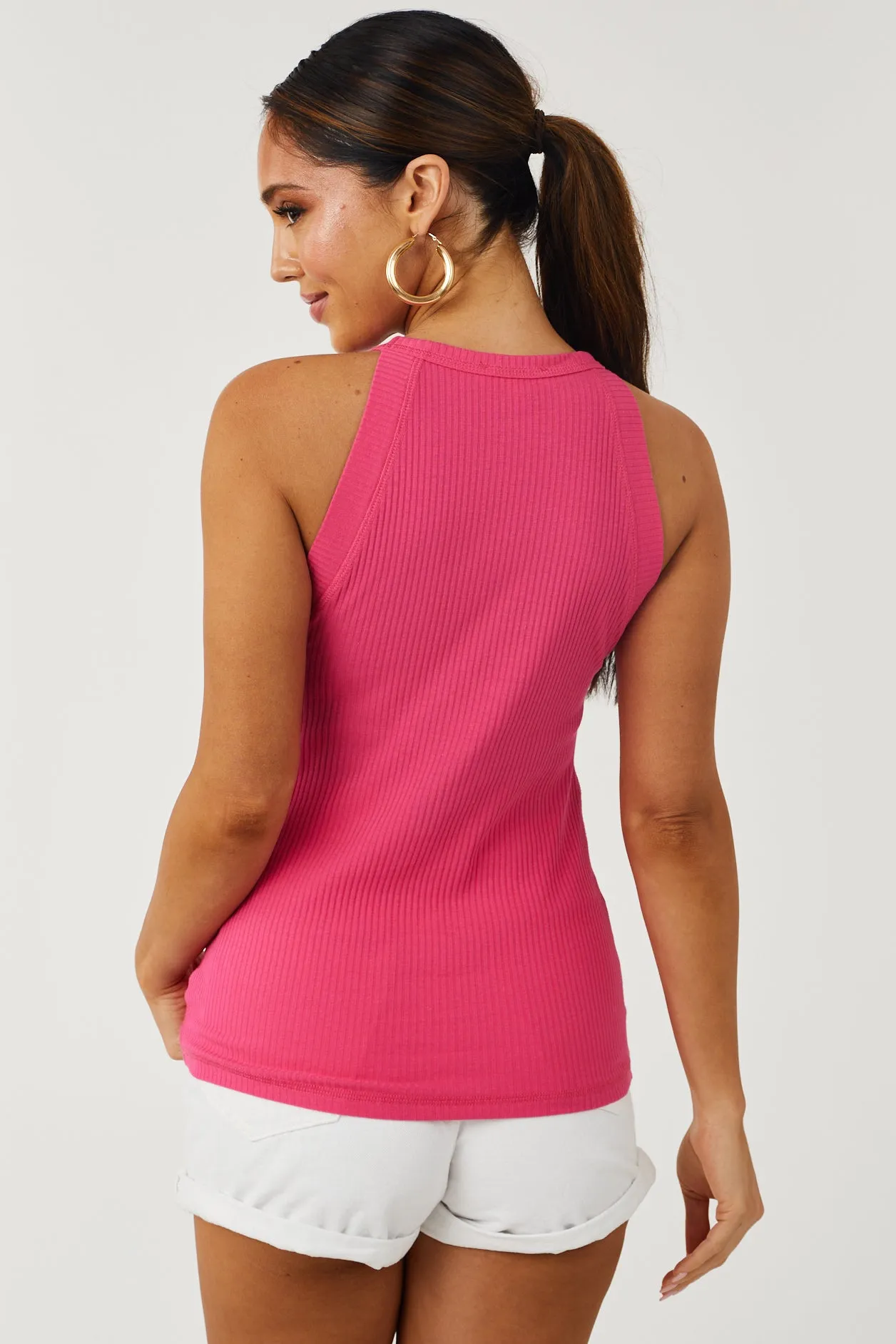 Hot Pink Halter Neck Ribbed Tank Top sold by Lime Lush product image thumbnail 5