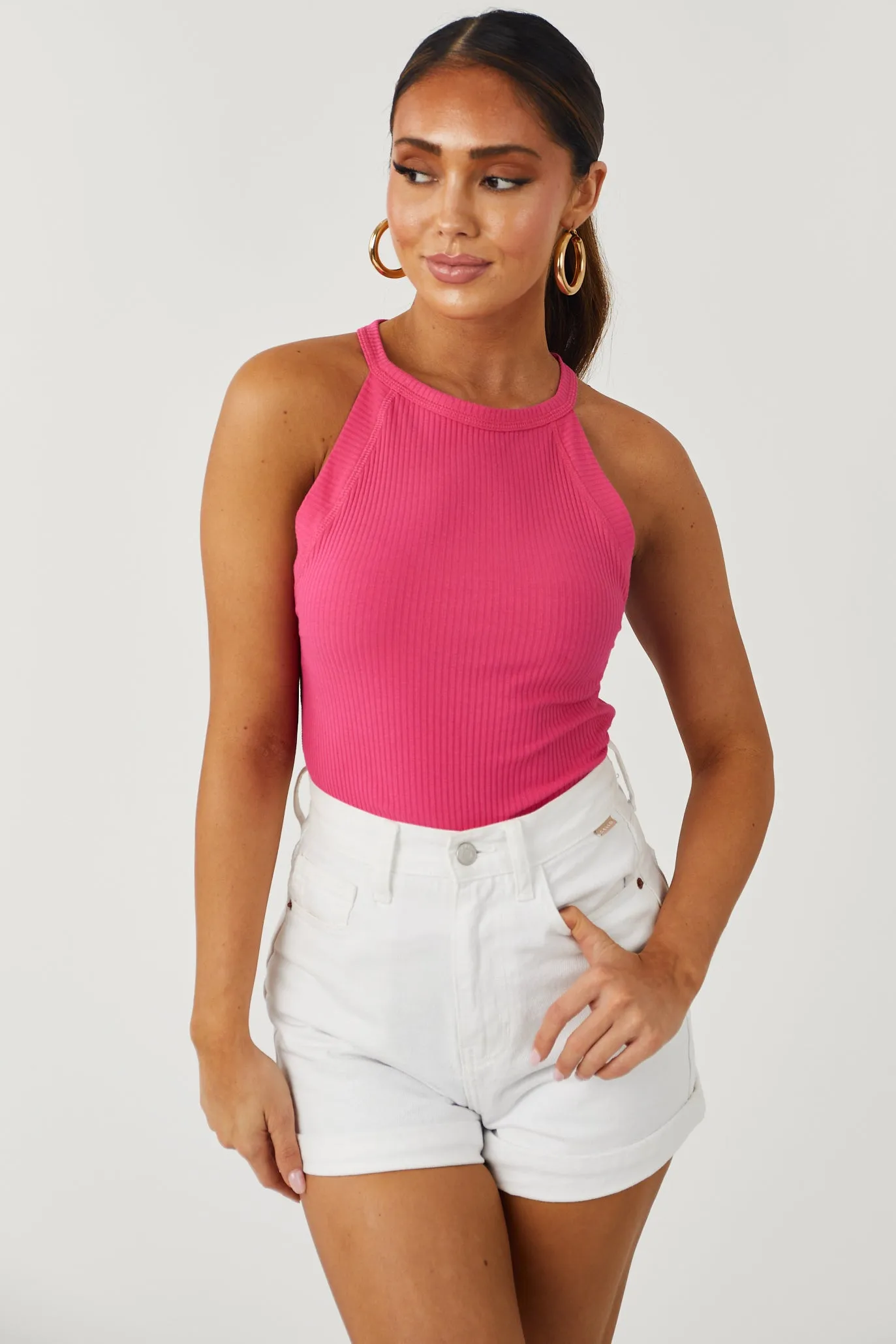 Hot Pink Halter Neck Ribbed Tank Top sold by Lime Lush product image thumbnail 3