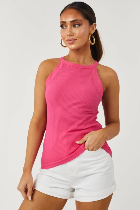 Hot Pink Halter Neck Ribbed Tank Top sold by Lime Lush