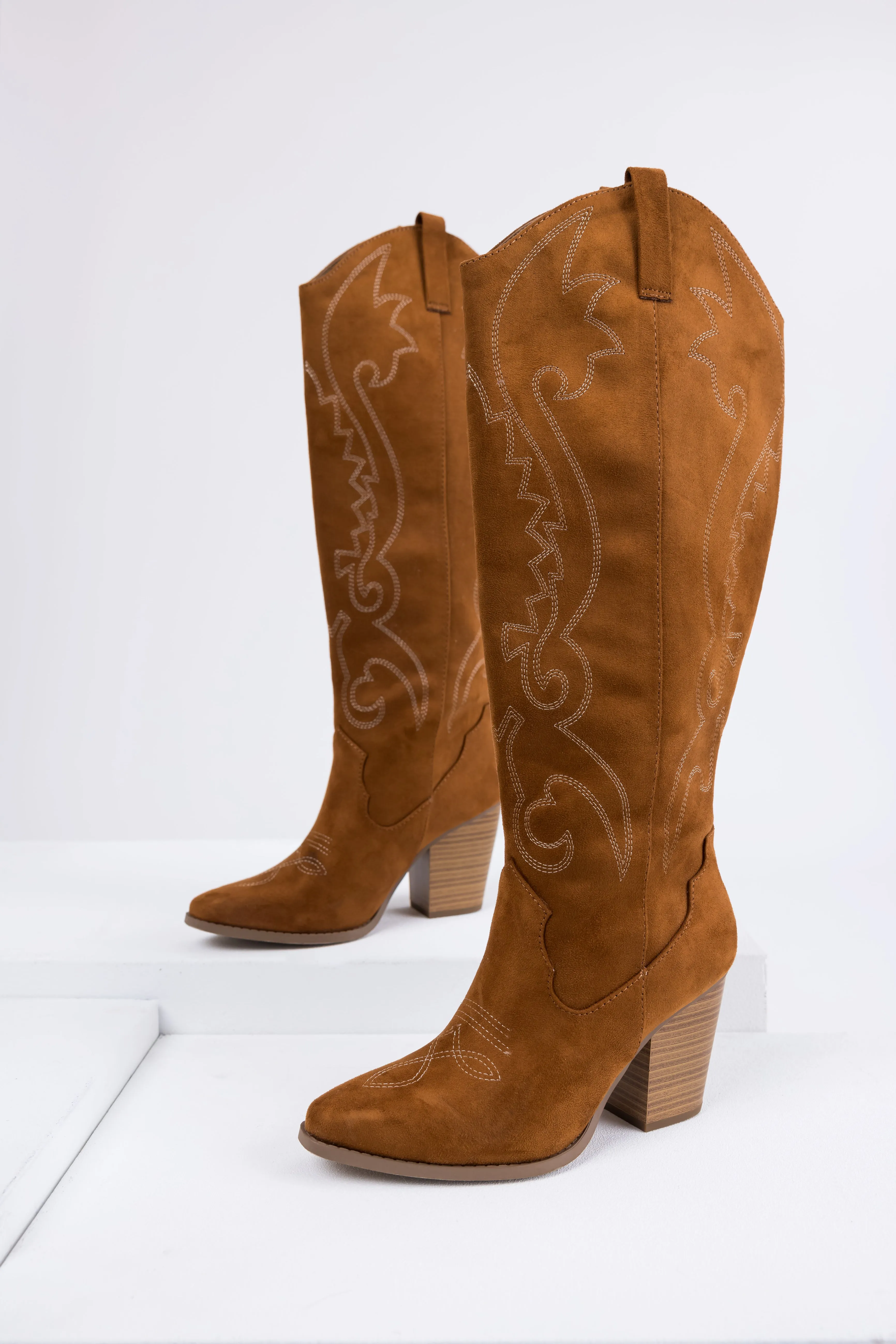 Caramel Knee High Block High Heel Western Boots sold by Lime Lush