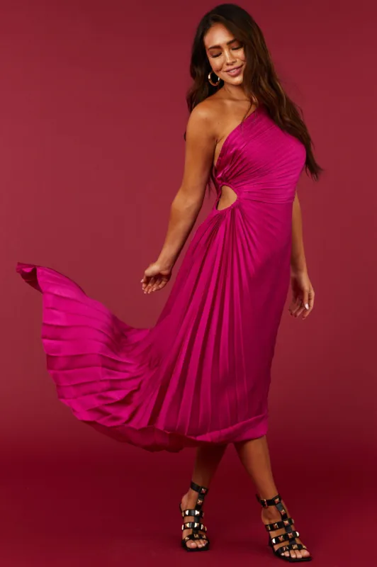 Magenta One Shoulder Side Cut Out Pleated Midi Dress sold by Lime Lush
