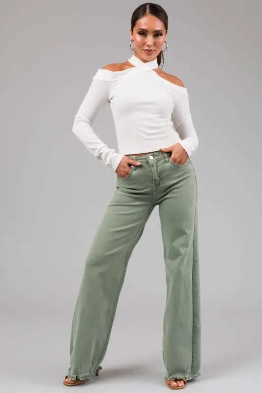Risen Ivy Sage High Rise Wide Leg Distressed Hem Jeans sold by Lime Lush