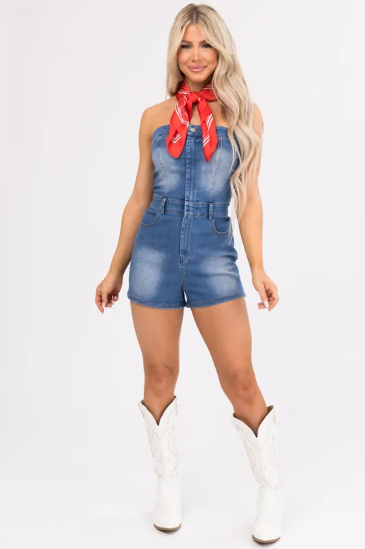Medium Wash Denim Strapless Zip Up Romper sold by Lime Lush