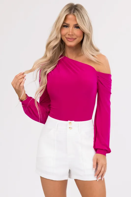 Deep Magenta Off Shoulder Long Sleeve Bodysuit sold by Lime Lush
