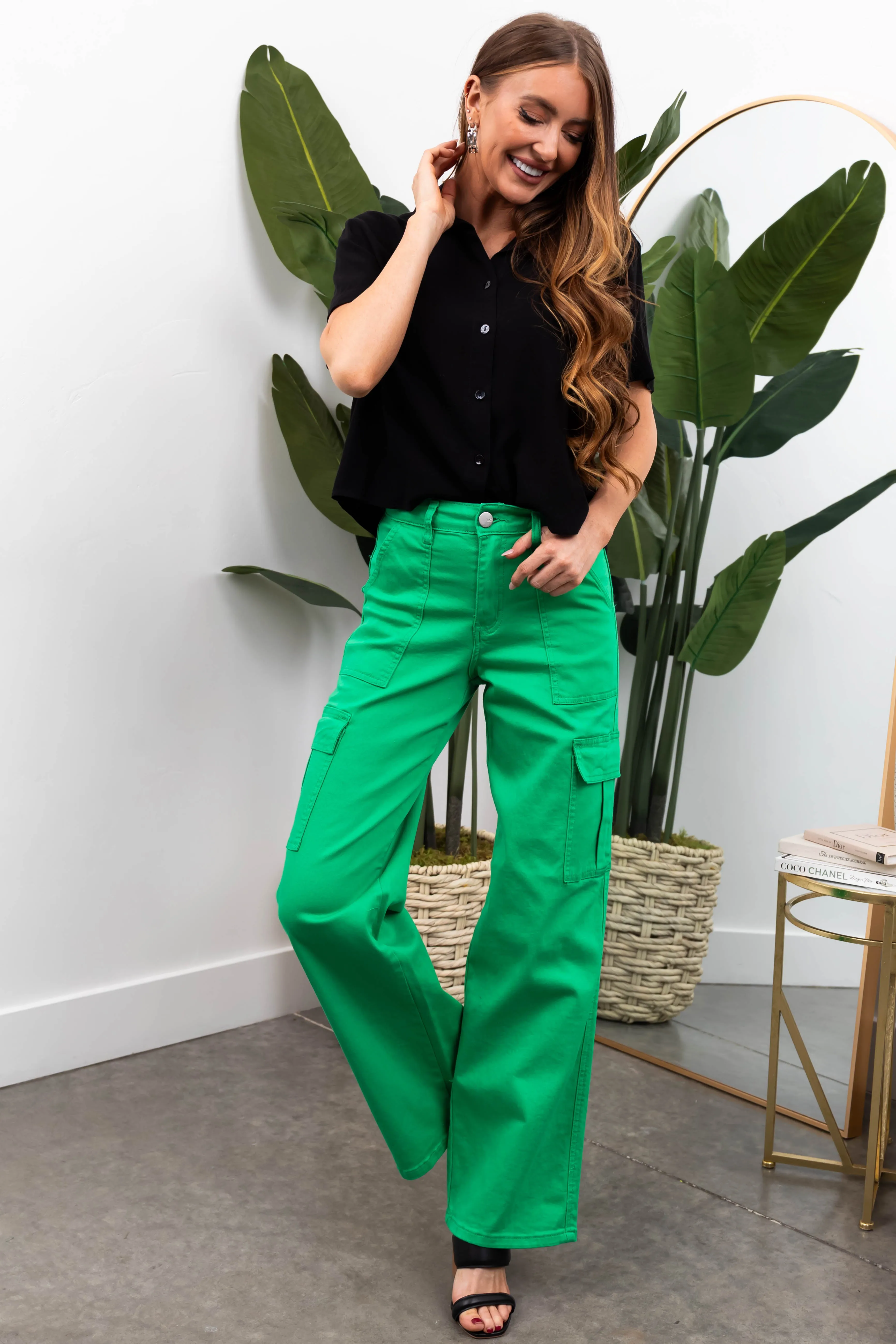 Denim Zone Kelly Green Super Stretchy Cargo Jeans sold by Lime Lush