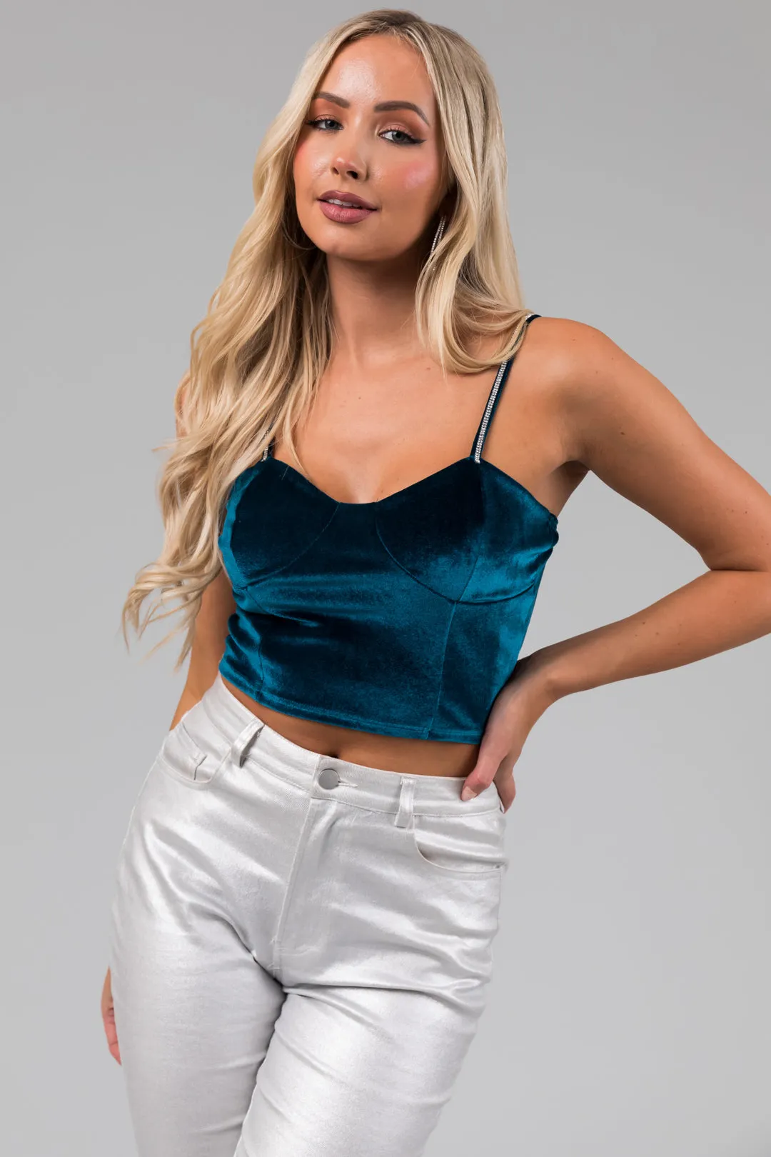 Teal Rhinestone Strap Velvet Bustier Crop Top sold by Lime Lush product image thumbnail 3