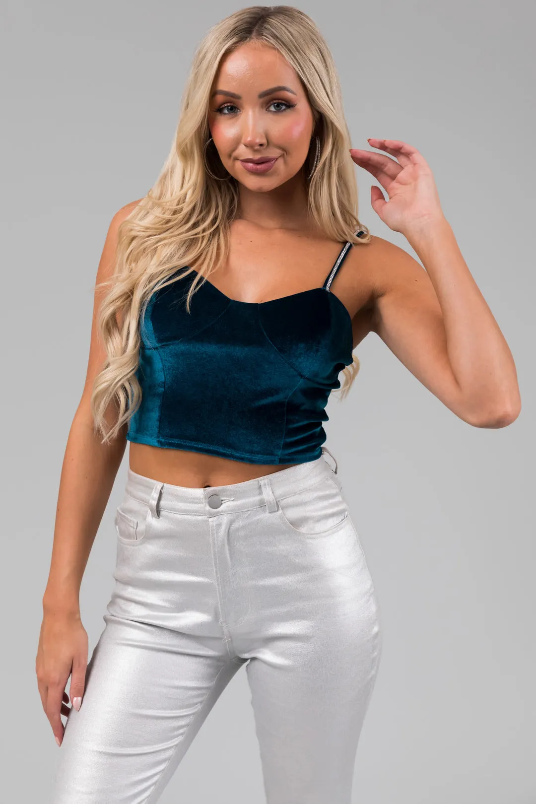Teal Rhinestone Strap Velvet Bustier Crop Top sold by Lime Lush product image thumbnail 2