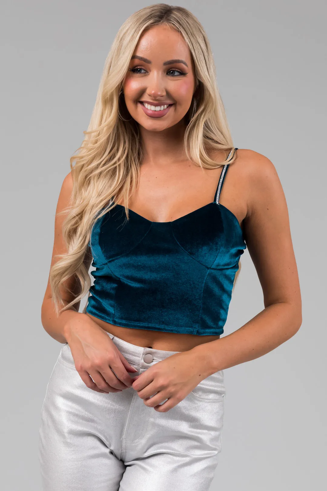 Teal Rhinestone Strap Velvet Bustier Crop Top sold by Lime Lush