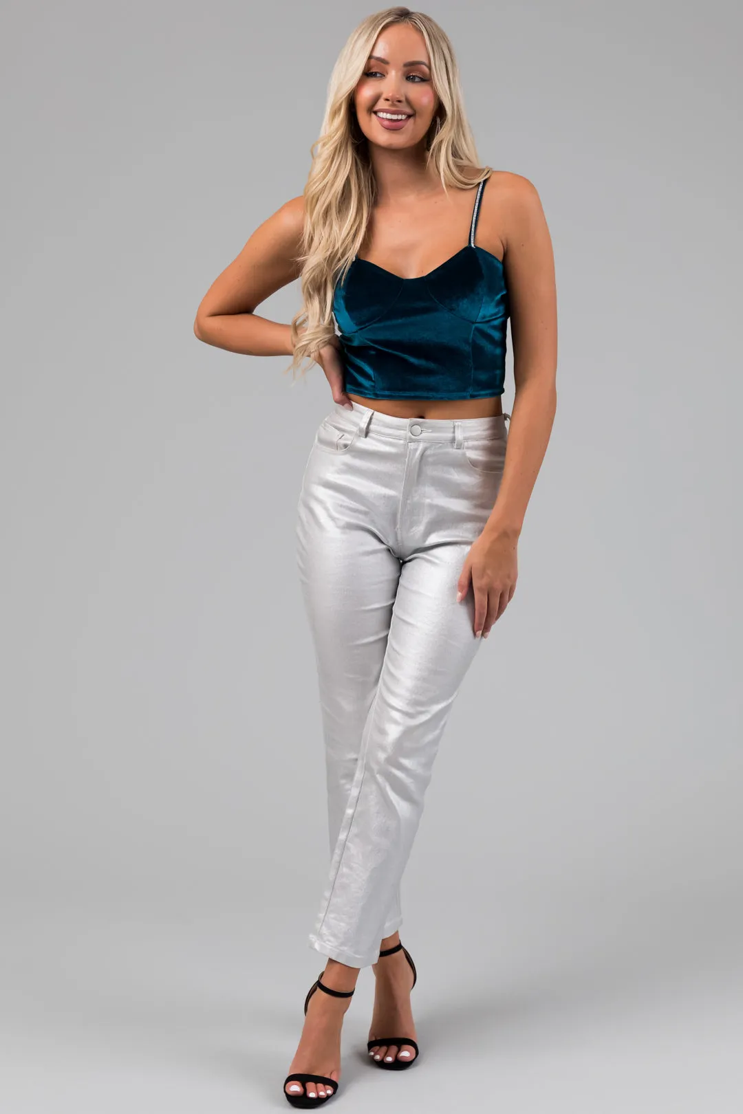 Teal Rhinestone Strap Velvet Bustier Crop Top sold by Lime Lush product image thumbnail 4