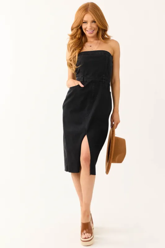 Black Denim Strapless Dress with Slit sold by Lime Lush