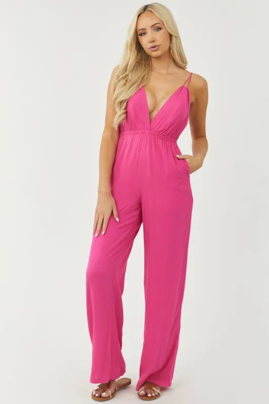 Magenta Open Tie Back Wide Leg Woven Jumpsuit sold by Lime Lush