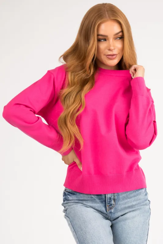 Hot Pink Crew Neck Soft Lightweight Sweater sold by Lime Lush