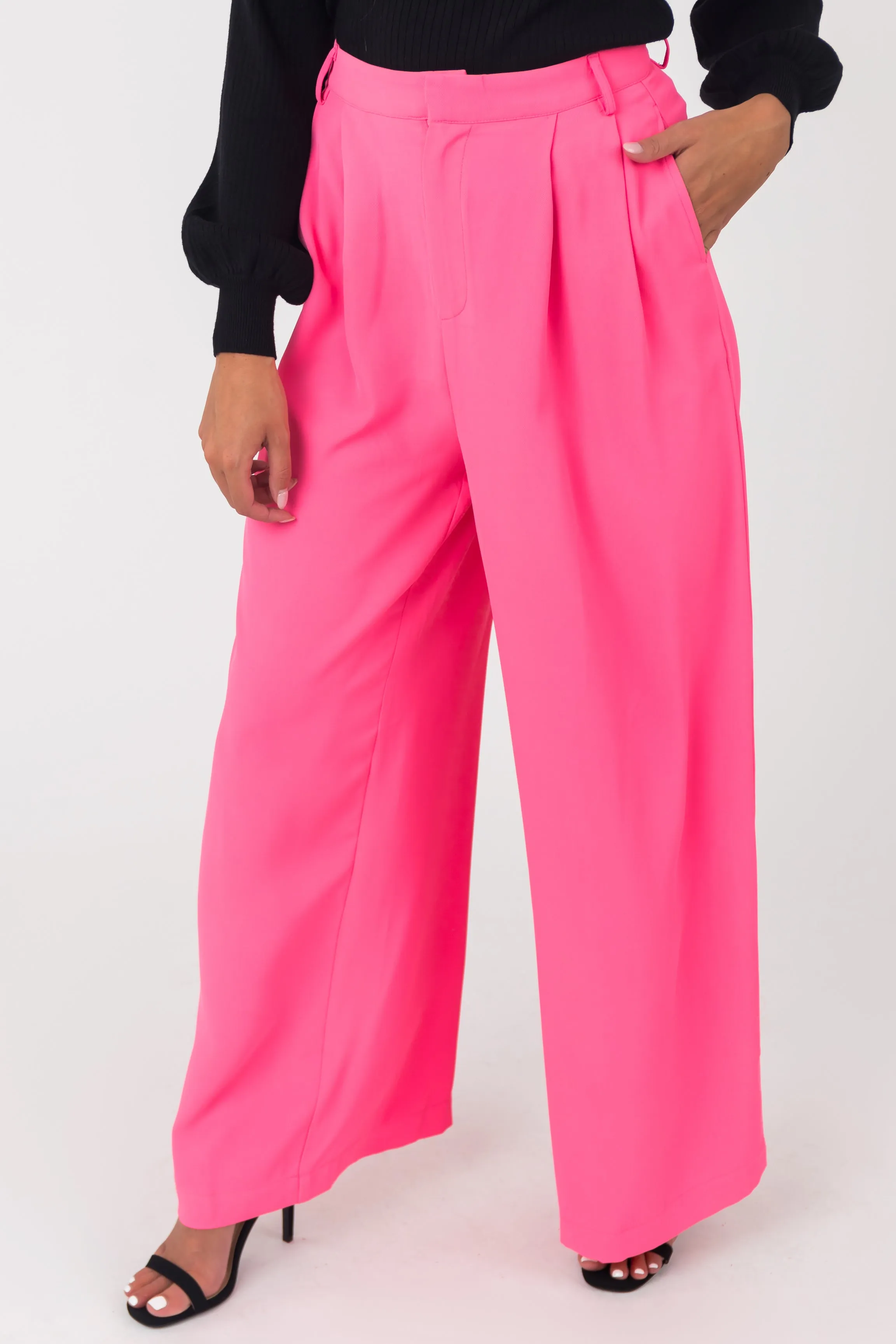Flying Tomato Neon Pink High Waisted Wide Leg Woven Pants sold by Lime Lush product image thumbnail 2
