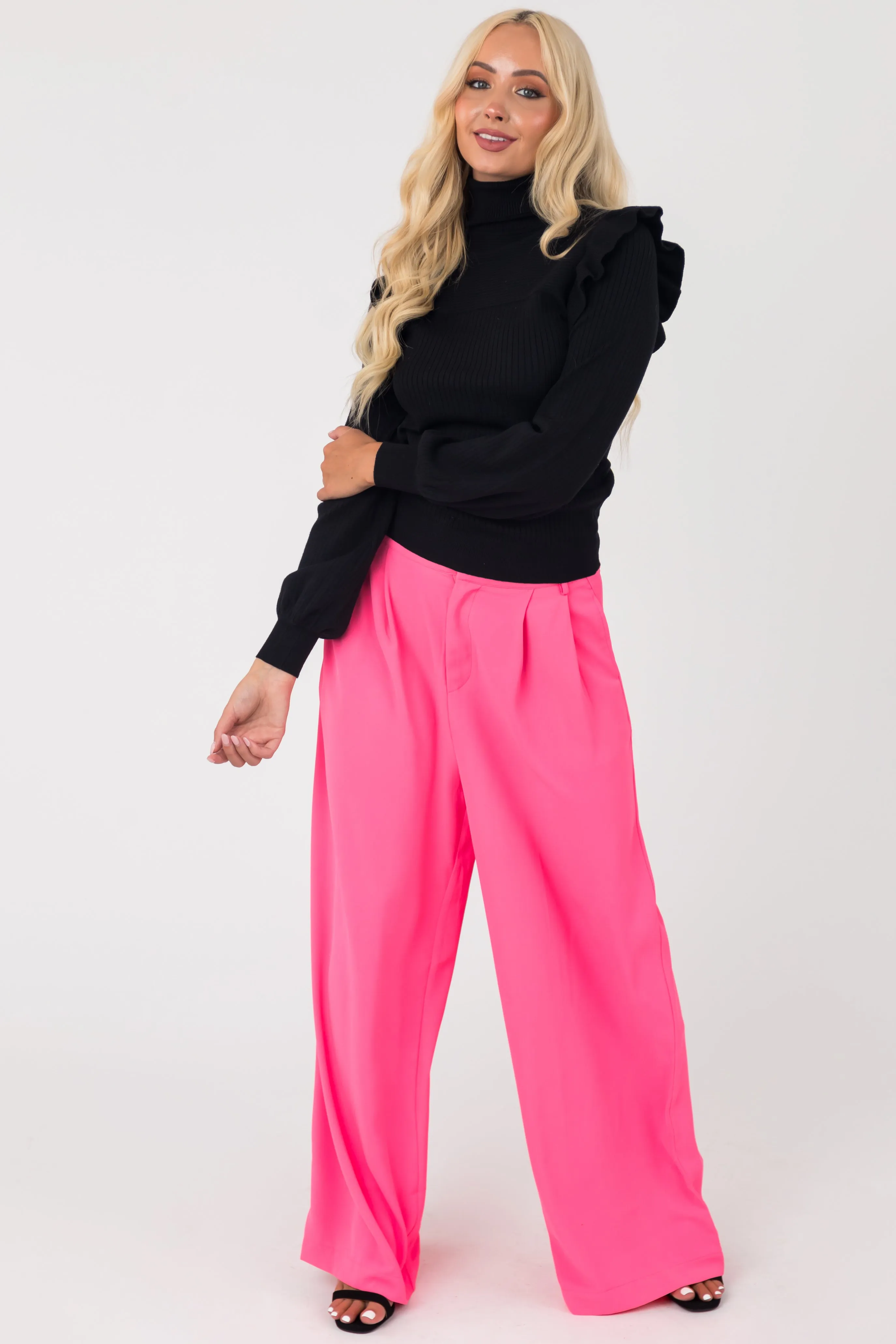 Flying Tomato Neon Pink High Waisted Wide Leg Woven Pants sold by Lime Lush product image thumbnail 5