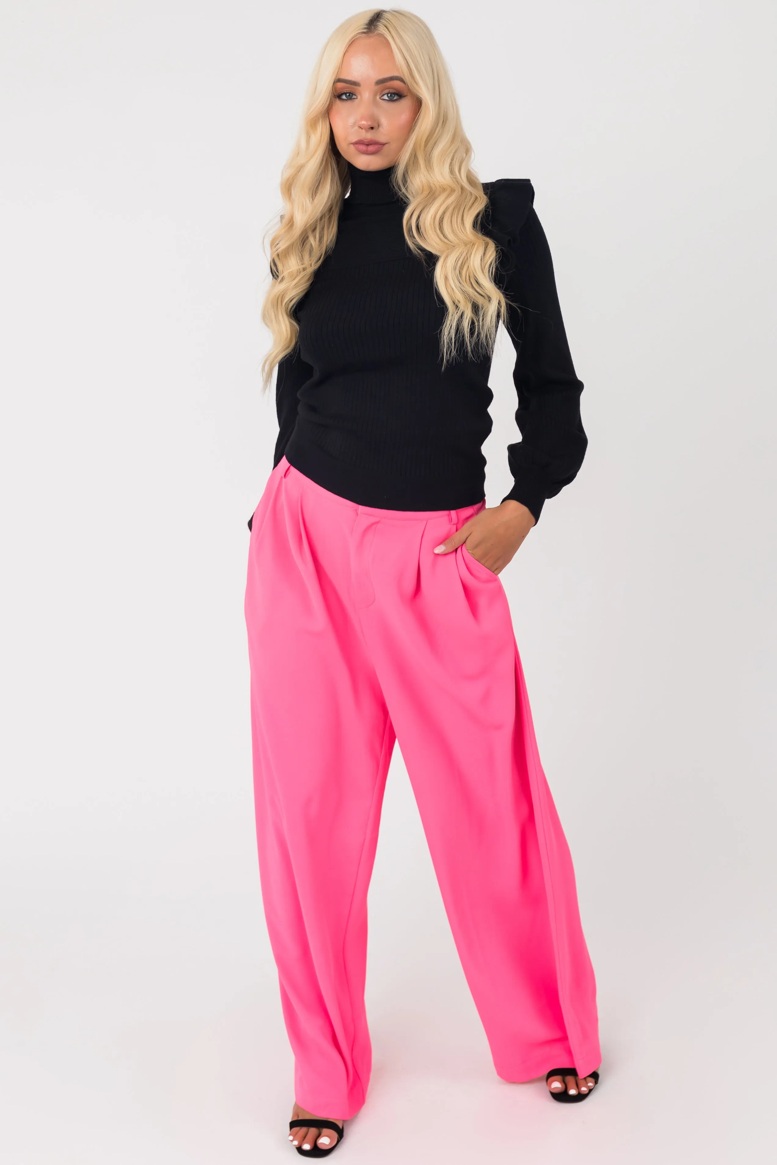 Flying Tomato Neon Pink High Waisted Wide Leg Woven Pants sold by Lime Lush