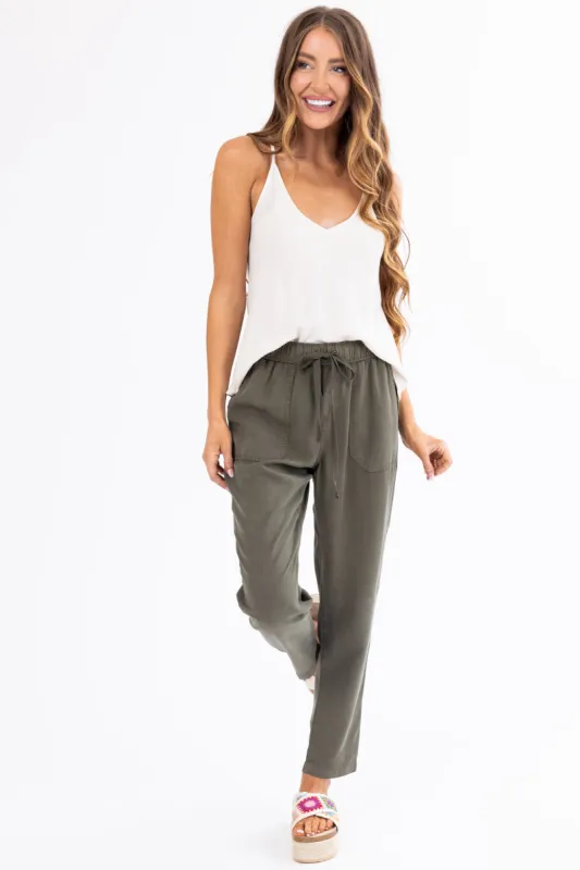 Army Green Straight Leg Drawstring Soft Pants sold by Lime Lush