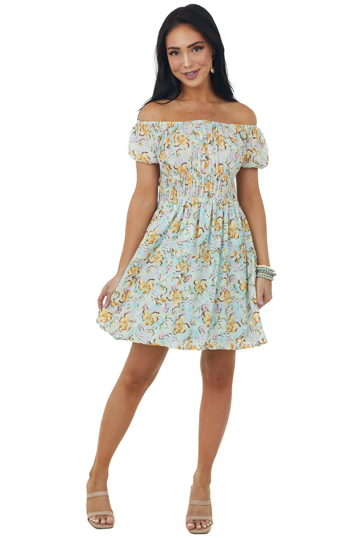 Sky Blue Floral Print Puff Sleeve Mini Dress sold by Lime Lush product image thumbnail 5