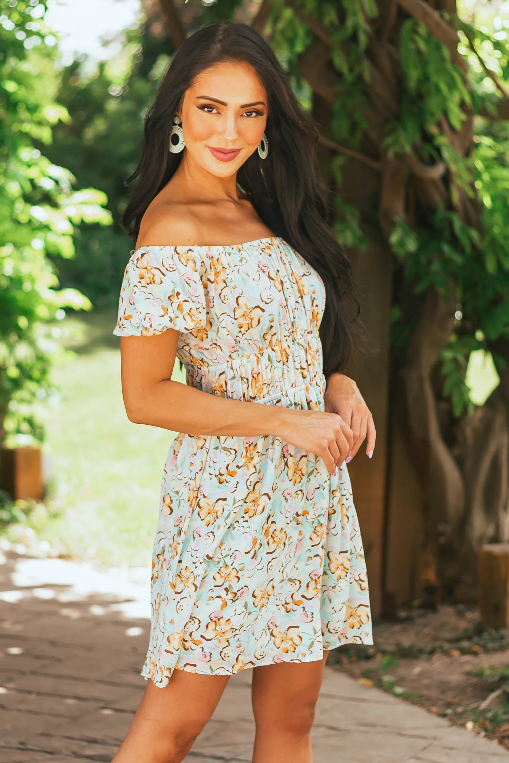 Sky Blue Floral Print Puff Sleeve Mini Dress sold by Lime Lush product image thumbnail 2