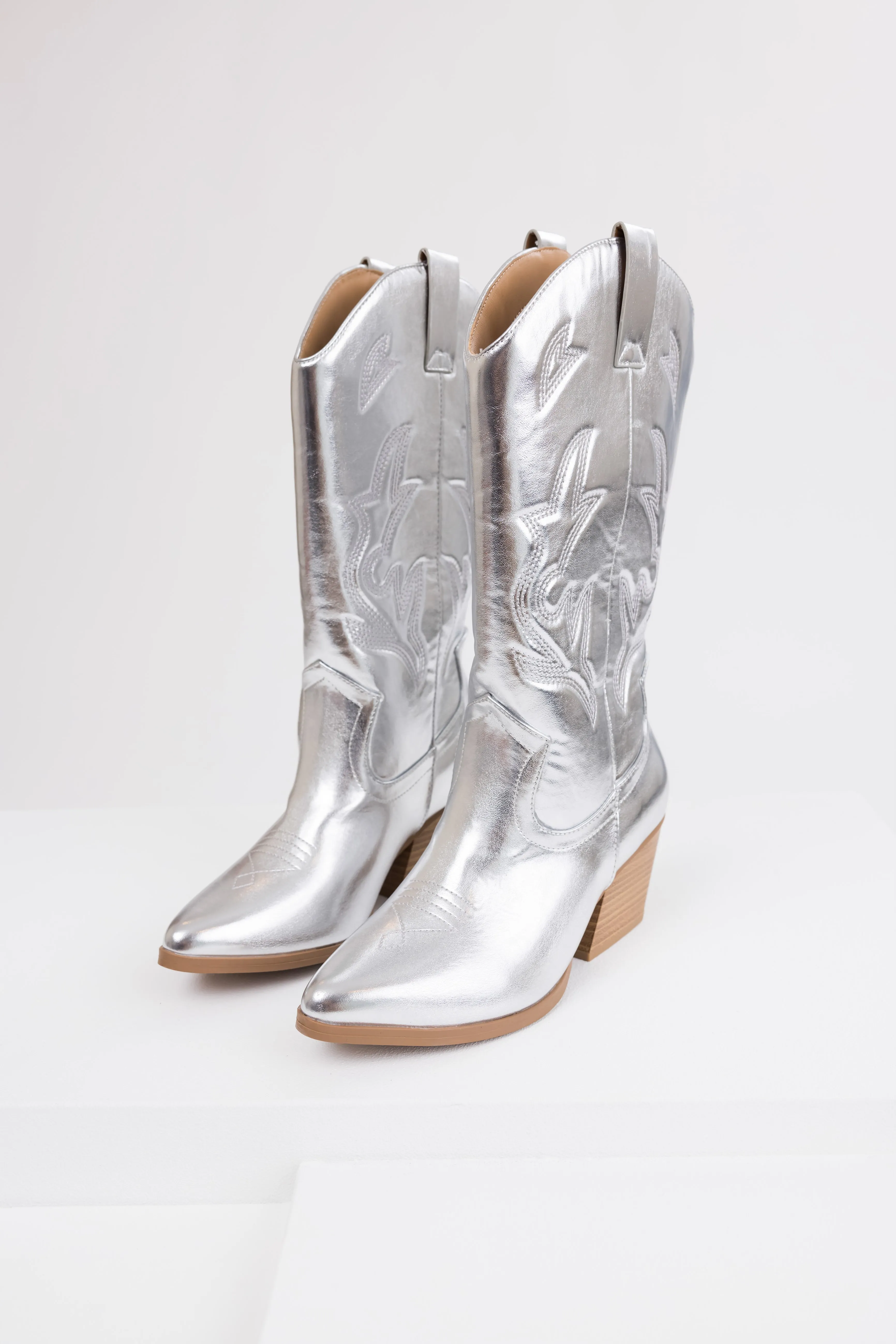 Metallic Silver Embroidered Tall Western Boots sold by Lime Lush product image thumbnail 3