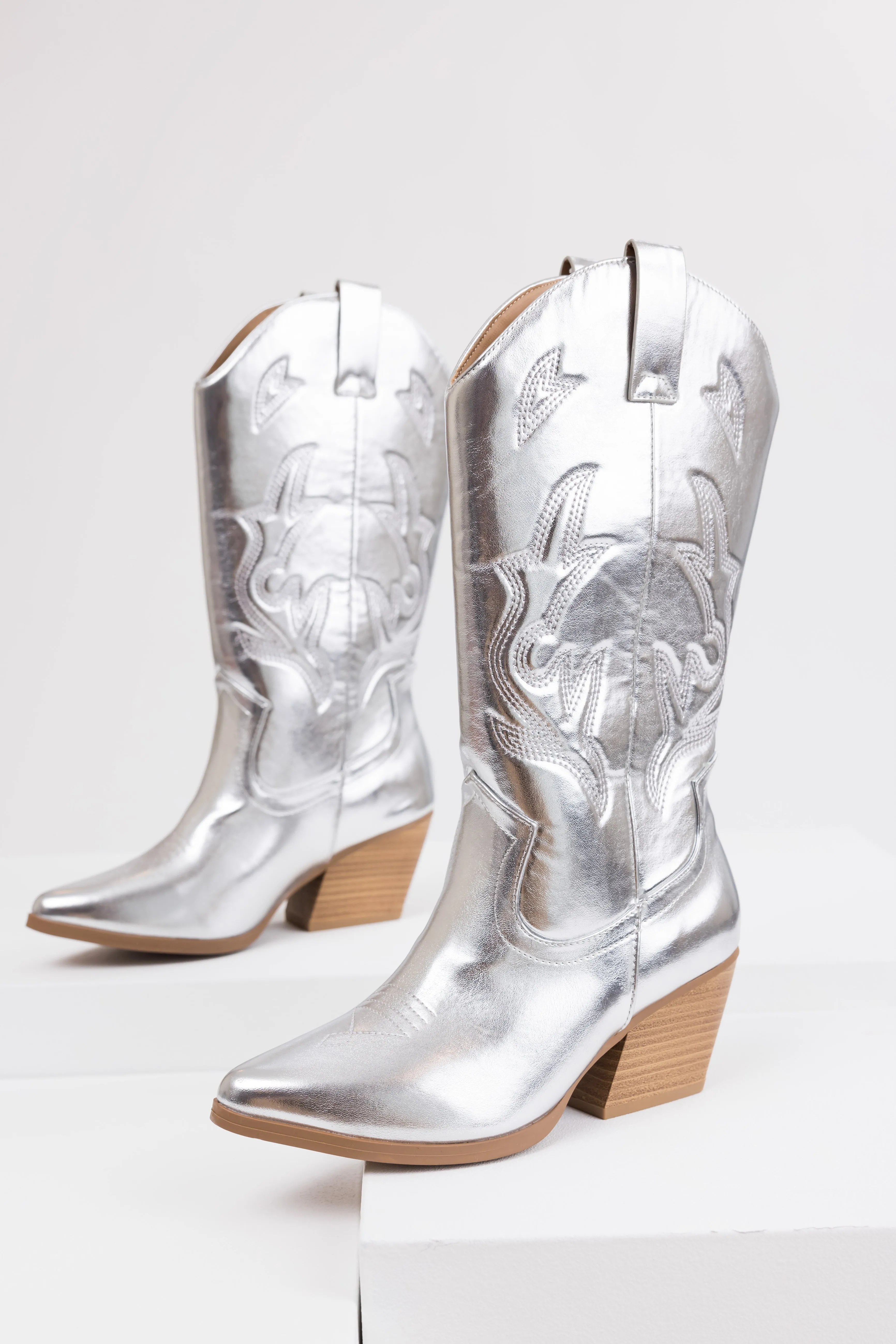 Metallic Silver Embroidered Tall Western Boots sold by Lime Lush