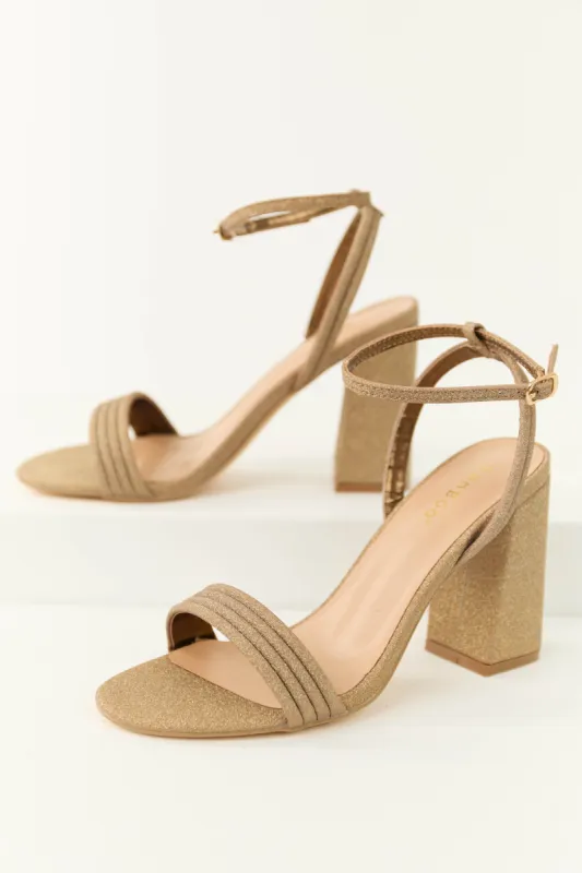 Gold Glitter Ankle Strap Block Heels sold by Lime Lush