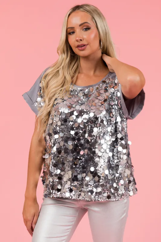 Stone Silver Sequin Short Sleeve Top sold by Lime Lush