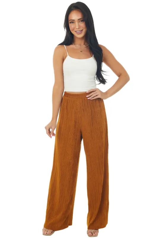 Copper Elastic Waist Wide Leg Ribbed Pants made by Ces Femme