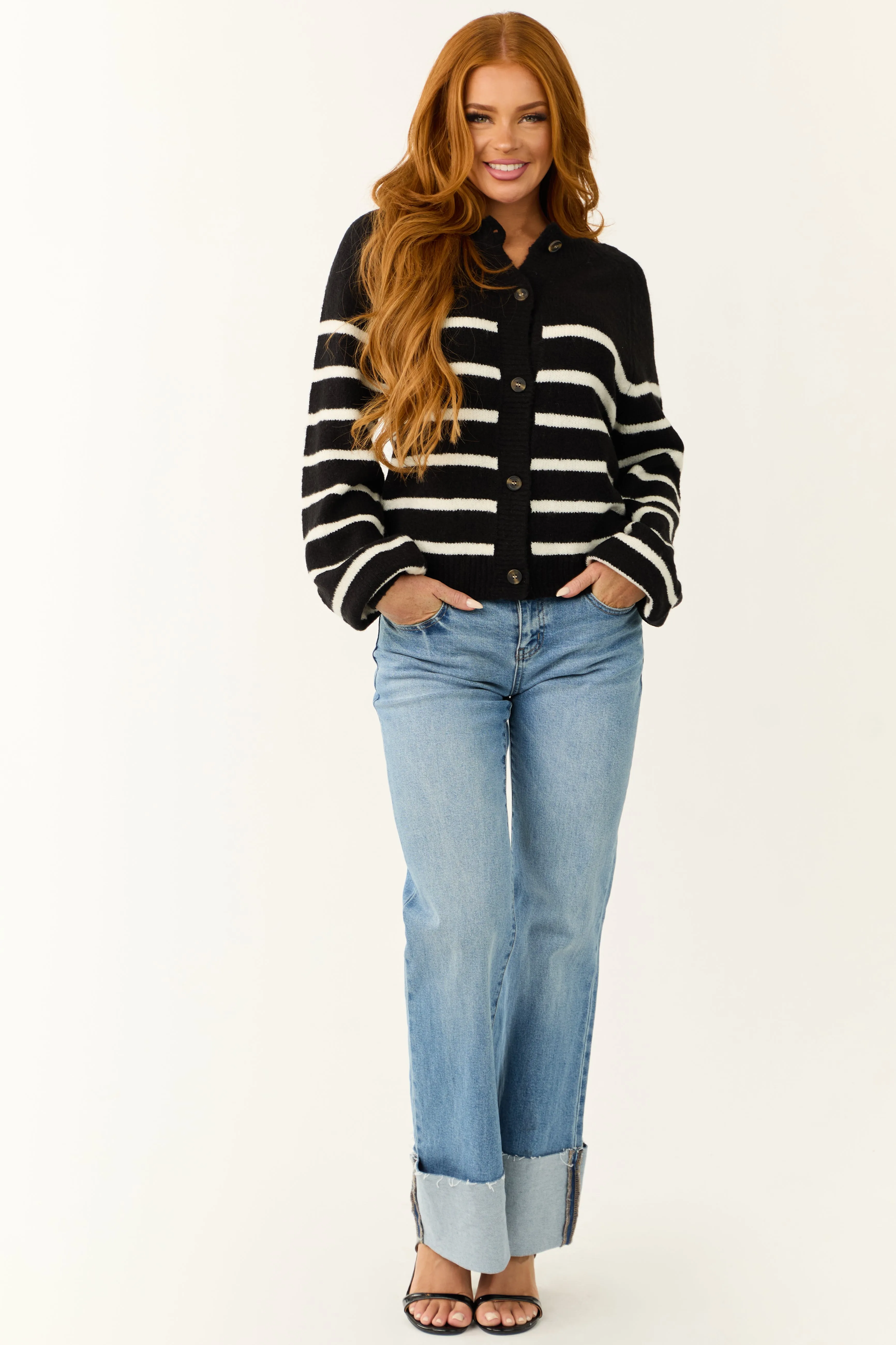 Black and White Striped Button Down Cardigan sold by Lime Lush product image thumbnail 2