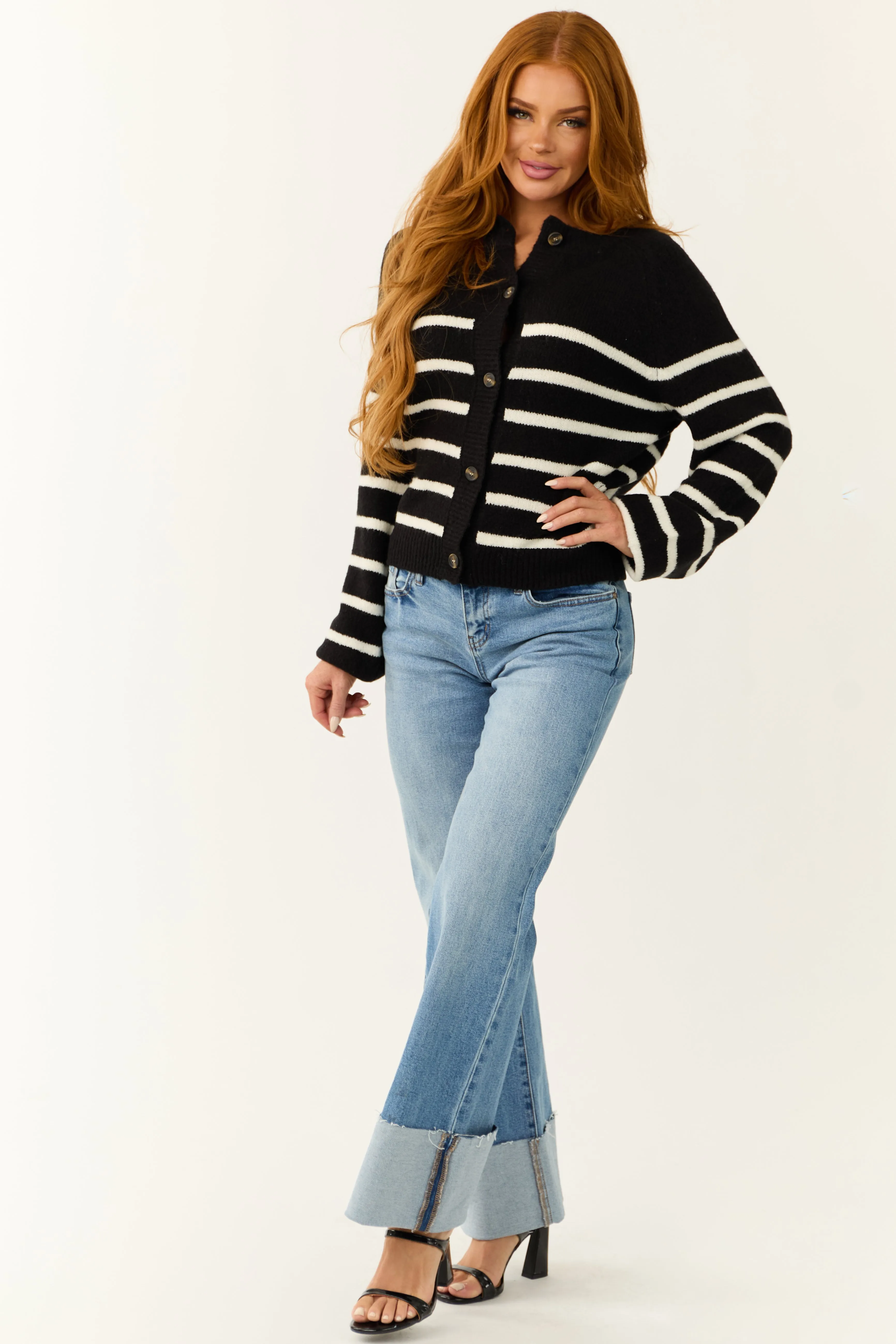Black and White Striped Button Down Cardigan sold by Lime Lush product image thumbnail 3