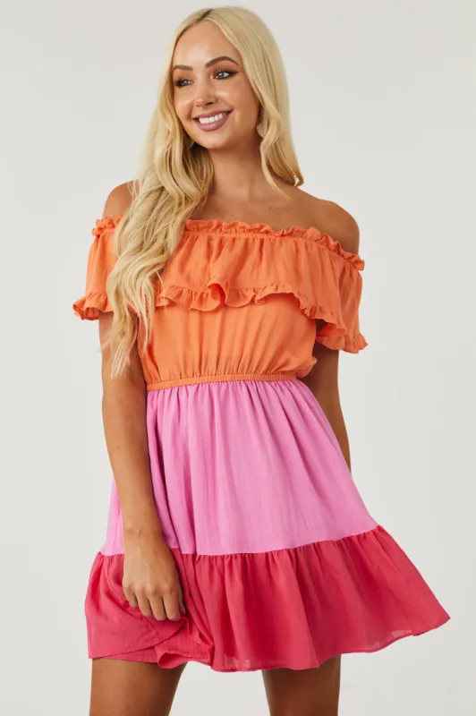 Deep Papaya Colorblock Off the Shoulder Dress sold by Lime Lush