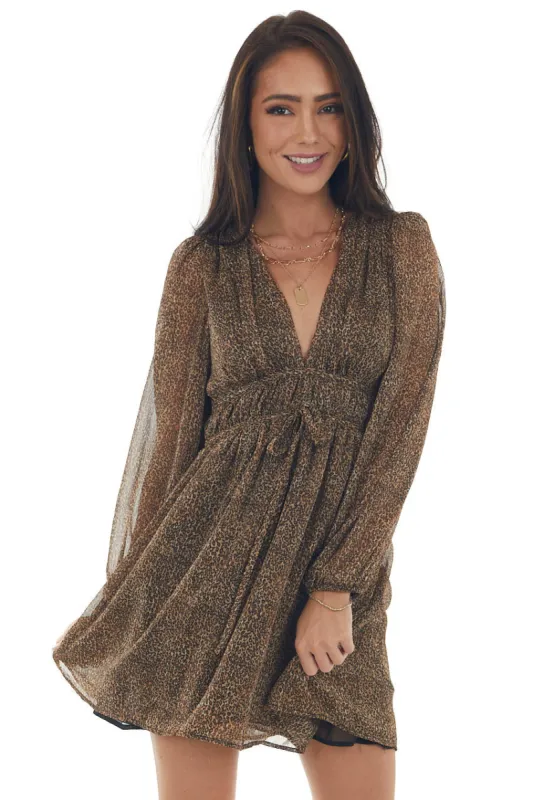 Cognac Leopard Print Deep V Neck Mini Dress sold by Lime Lush
