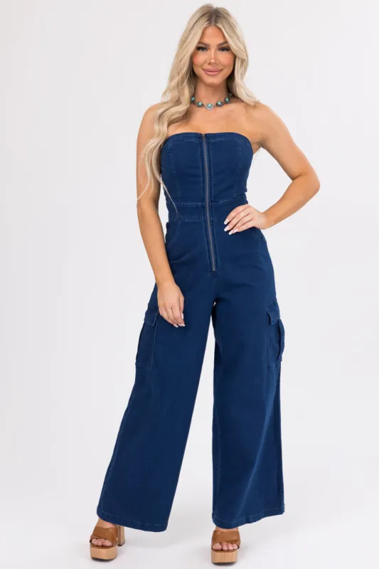 Flying Tomato Dark Denim Strapless Cargo Jumpsuit sold by Lime Lush
