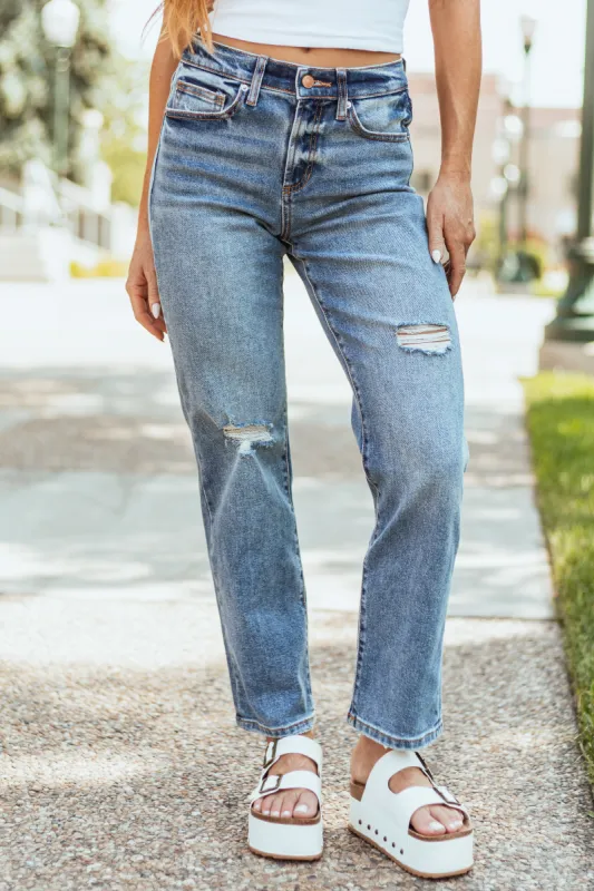 Sneak Peek Medium Wash High Rise Distressed Knee Jeans made by Sneak Peek