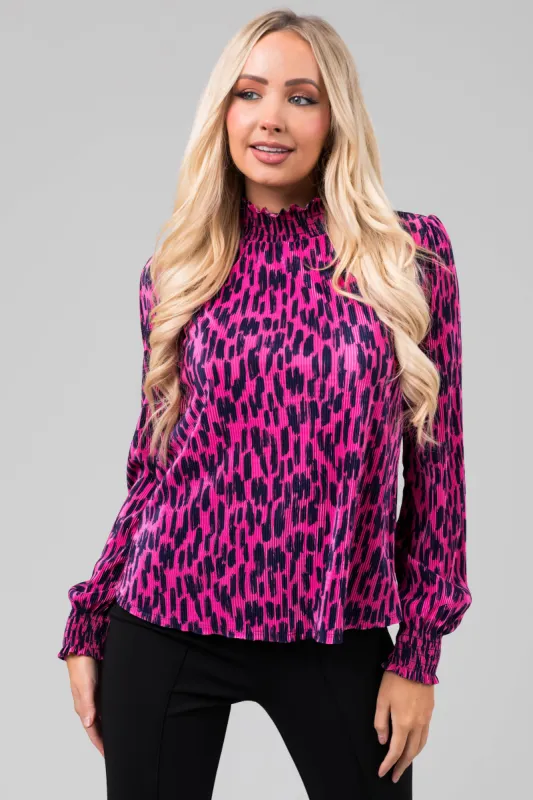Magenta and Navy Brush Stroke Satin Plisse Top sold by Lime Lush