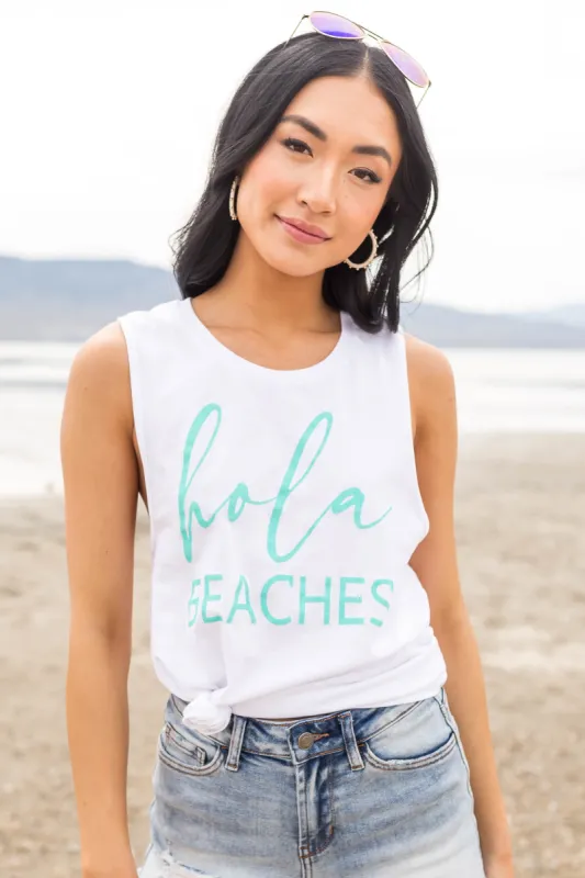 White and Aquamarine 'Hola Beaches' Tank Top sold by Lime Lush