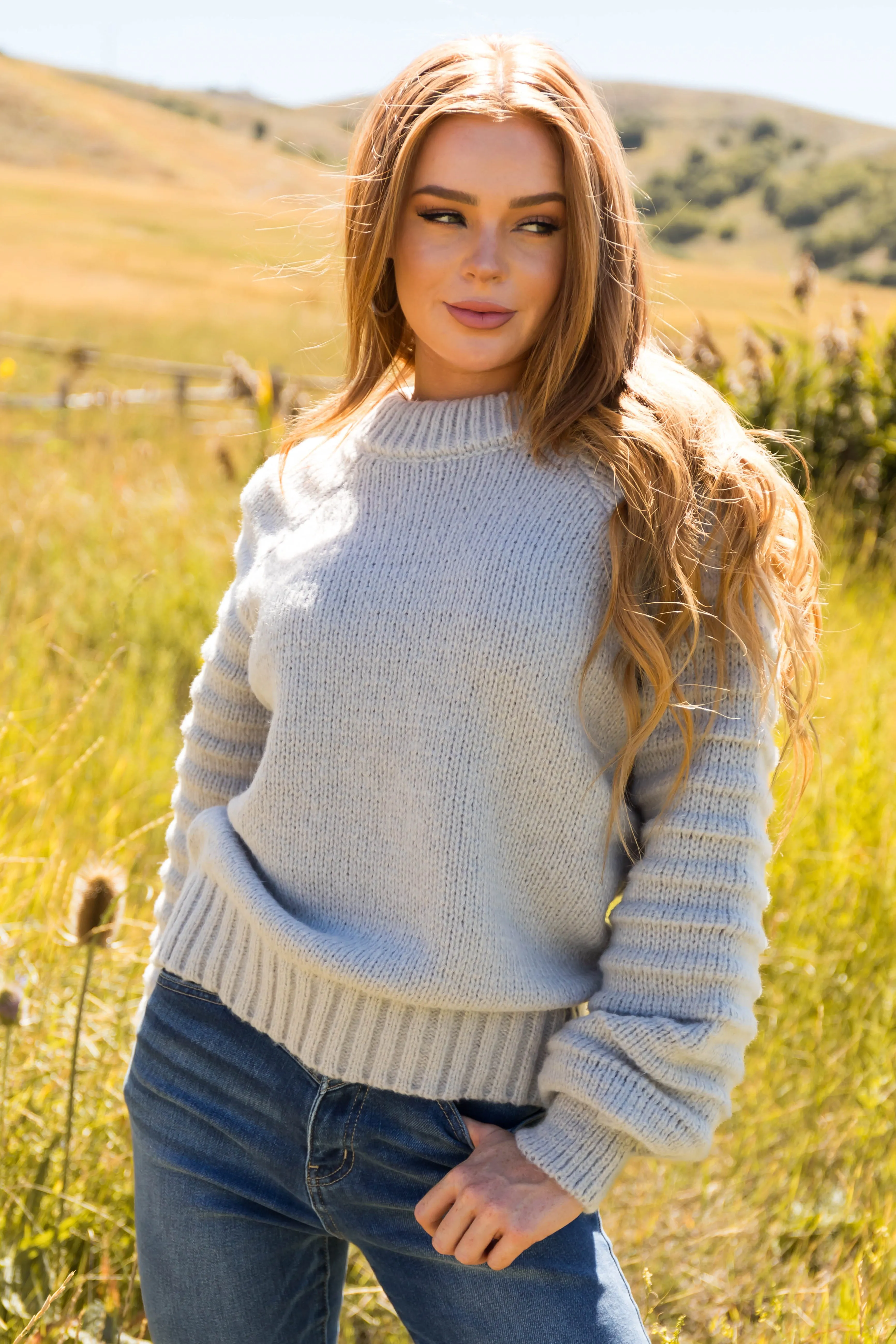 Dove Grey Textured Sleeve Thick Cozy Sweater sold by Lime Lush