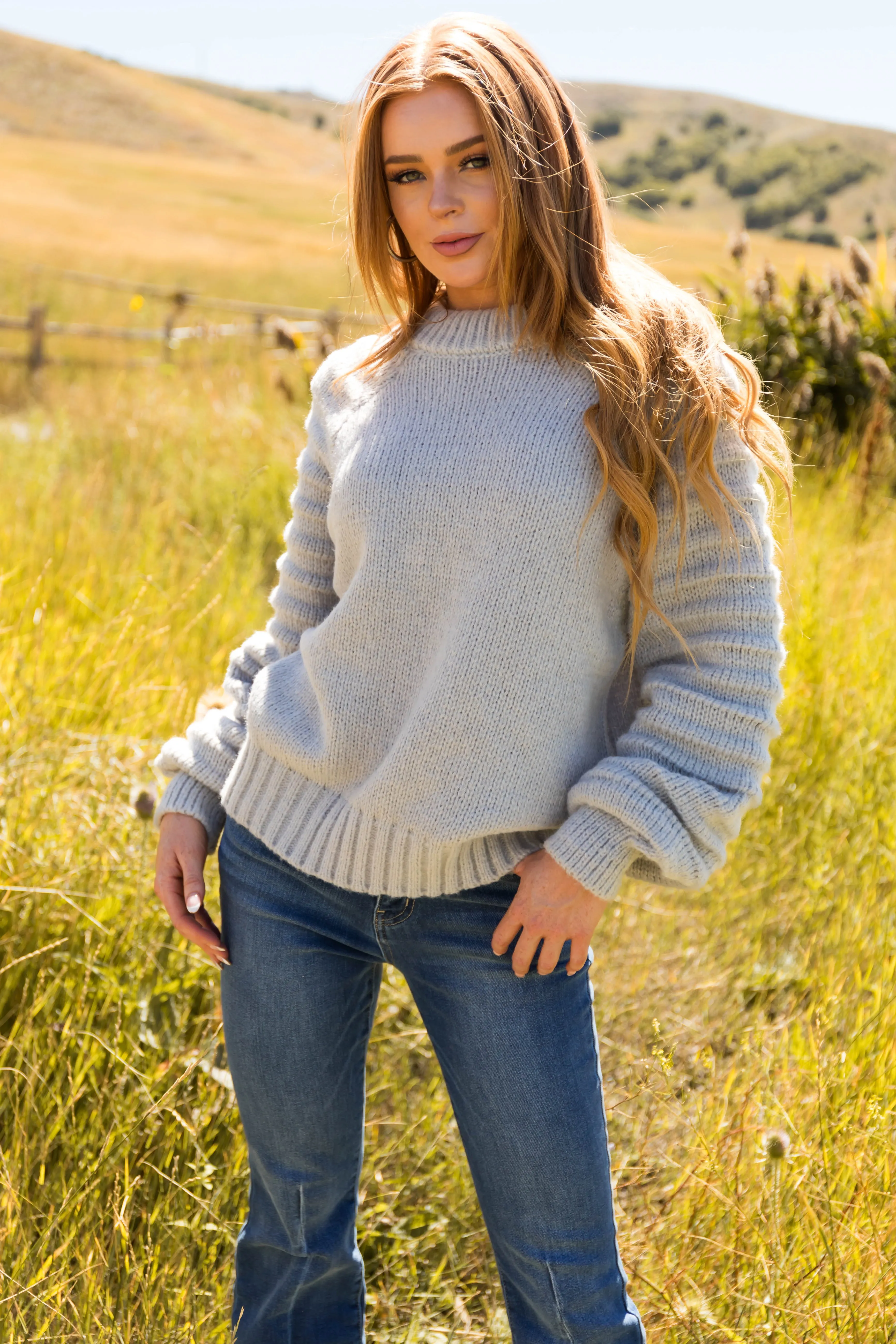 Dove Grey Textured Sleeve Thick Cozy Sweater sold by Lime Lush product image thumbnail 2