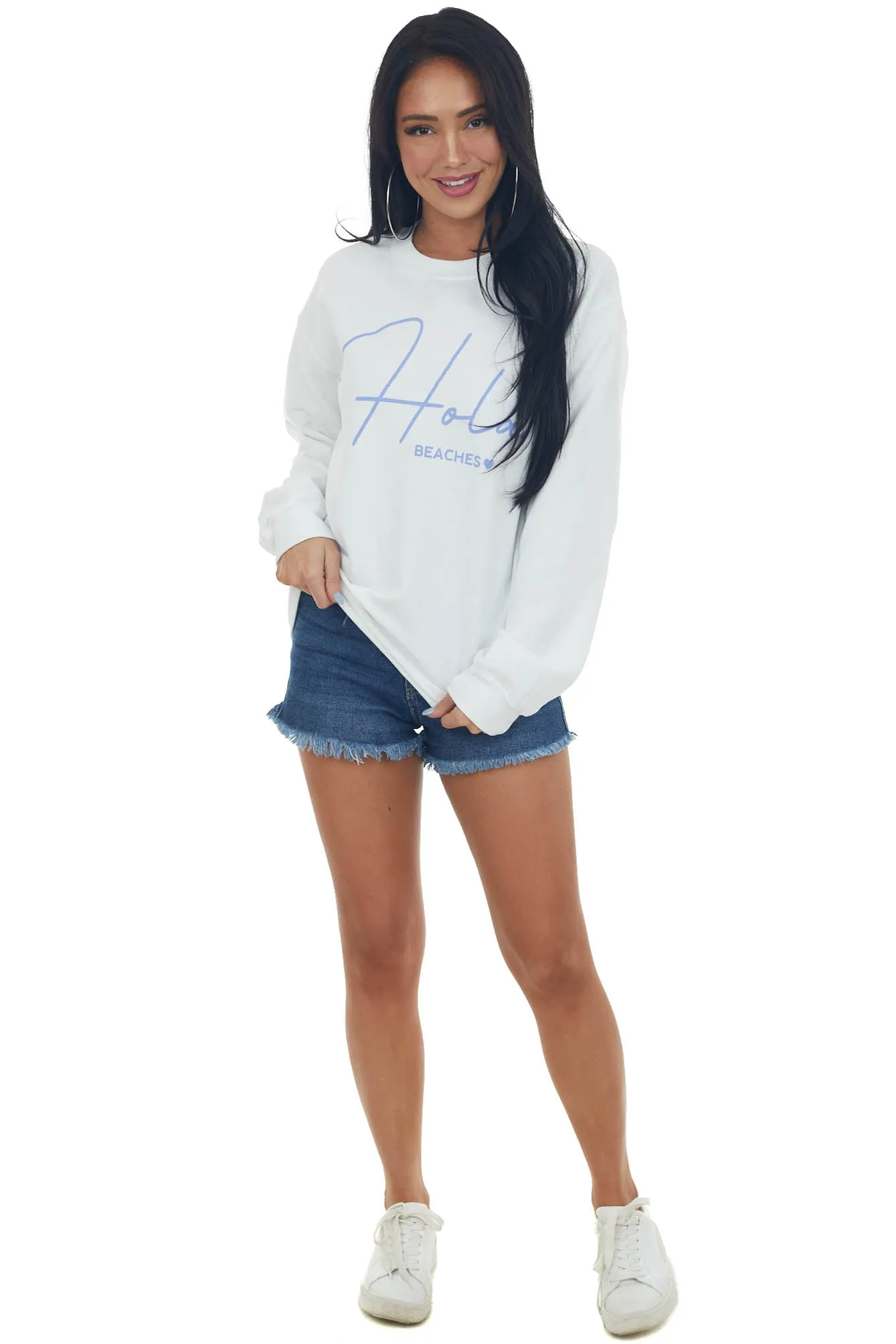 White and Periwinkle 'Hola Beaches' Sweatshirt sold by Lime Lush product image thumbnail 3