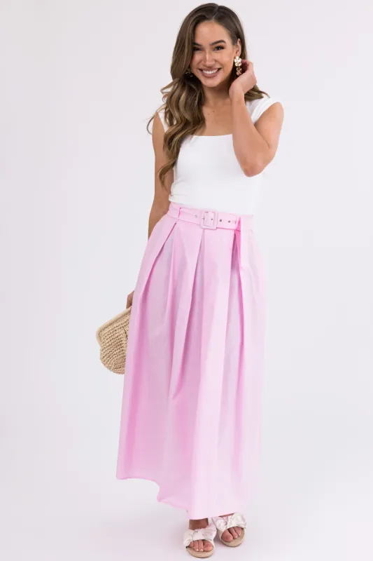 Carnation Pink Belted Woven A Line Maxi Skirt sold by Lime Lush